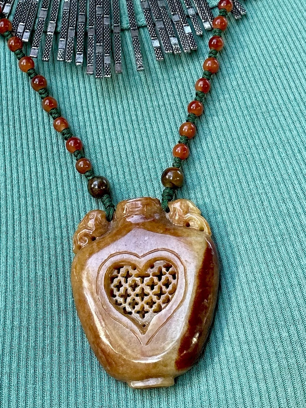 Vtg Real Jade Open Work Yellow/Red Bottle Pendant Carnelian & Silk Cord Necklace